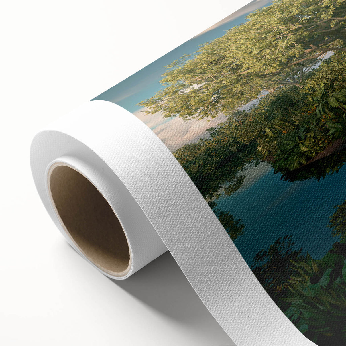 Vibrant rainforest landscape wall art design on rolled canvas, showcasing lush greenery and tropical flora, ideal for enhancing home decor aesthetics.