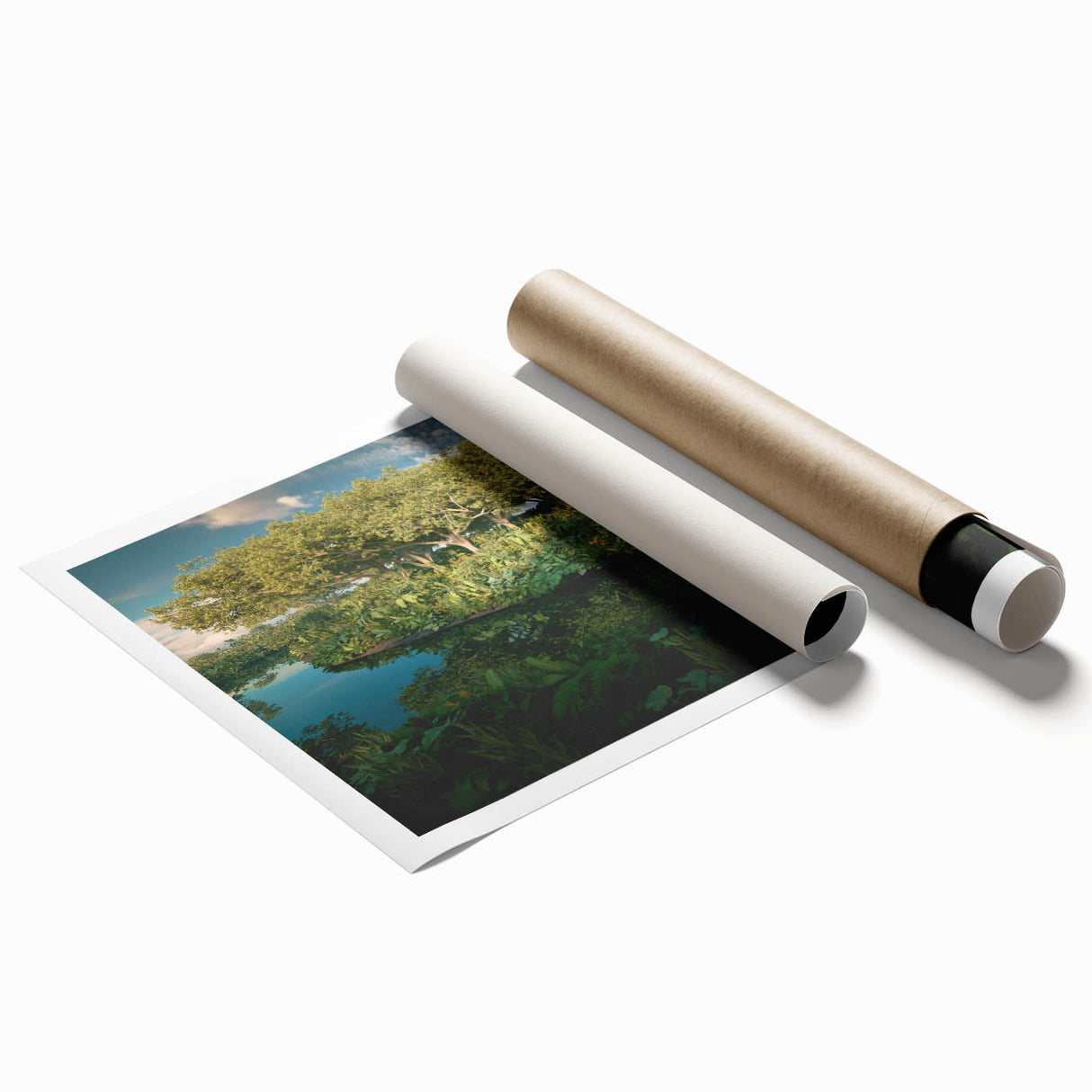 Vibrant rainforest landscape wall art print showcasing lush greenery and exotic flora, rolled and ready for display, perfect for nature-inspired decor.
