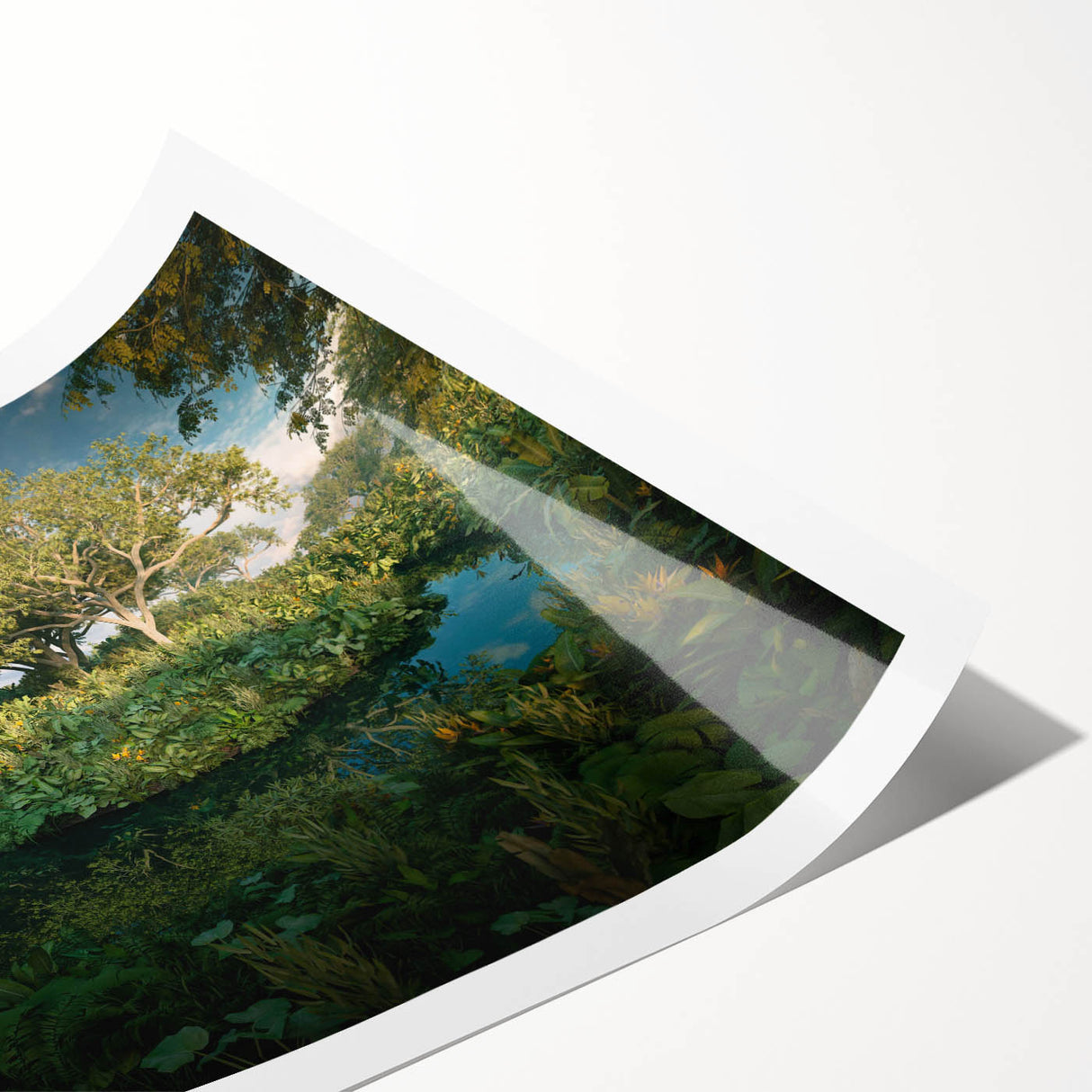 Vibrant rainforest landscape wall art print showcasing lush greenery and tropical flora, rolled into a protective cardboard tube for easy transport and display.