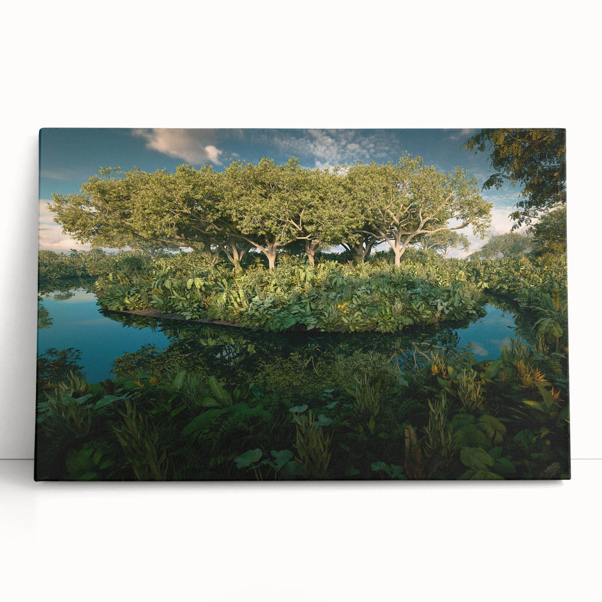 Vibrant rainforest landscape wall art printed on stretched canvas, featuring lush green foliage and rich colors, perfect for enhancing home decor and creating a serene atmosphere.