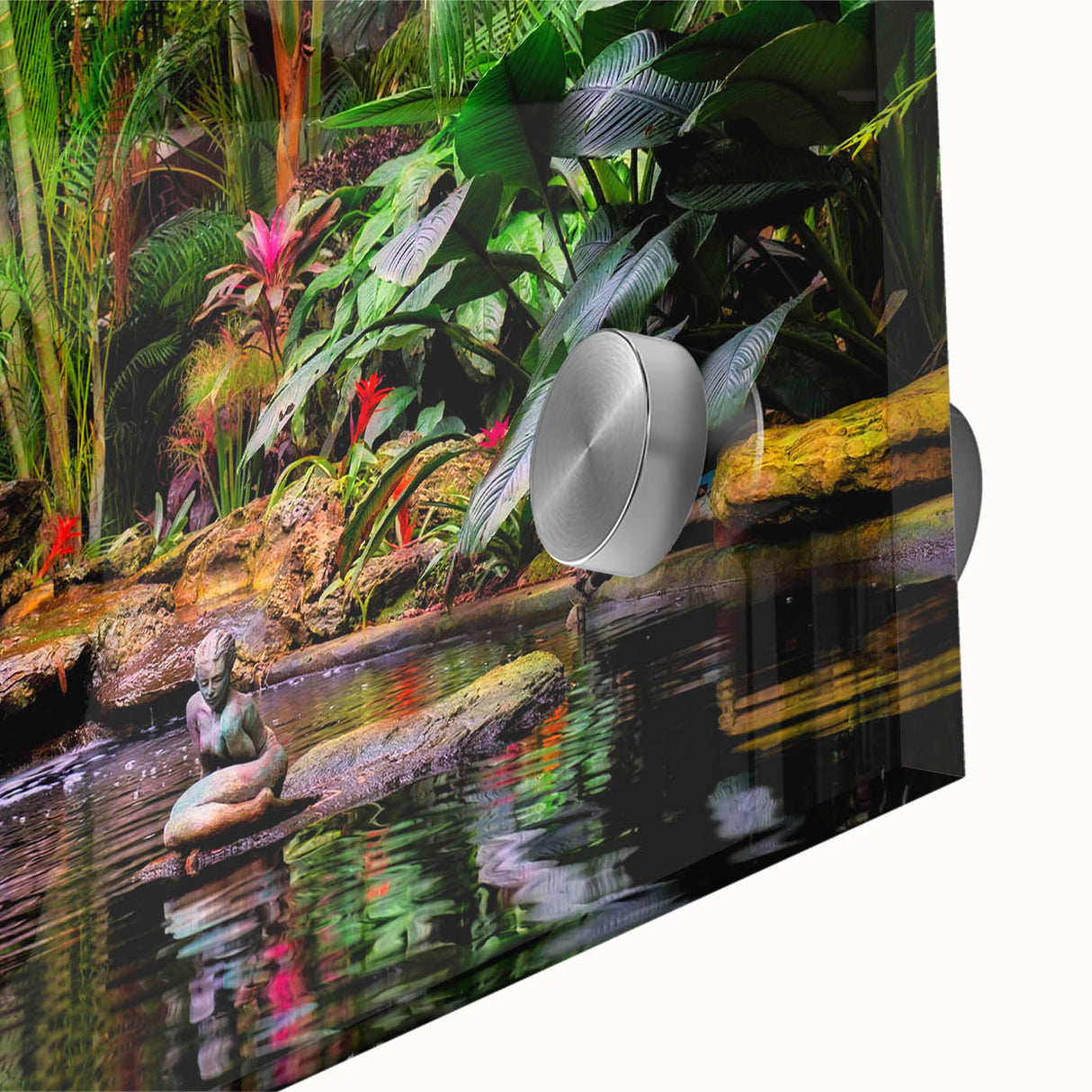 Close-up of an acrylic glass wall art piece showcasing a vibrant rainforest landscape, featuring lush green foliage and intricate details, perfect for nature lovers.