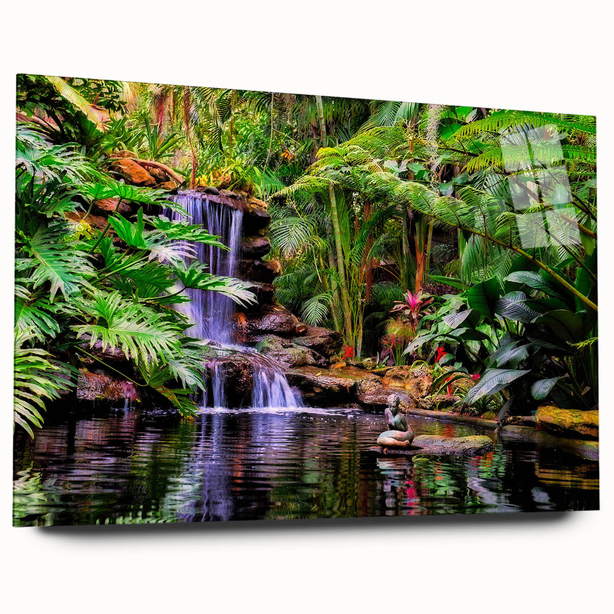 Acrylic glass wall art showcasing a vibrant rainforest landscape design with lush greenery and colorful flora, presented in a sleek side view without pins, ideal for modern decor.
