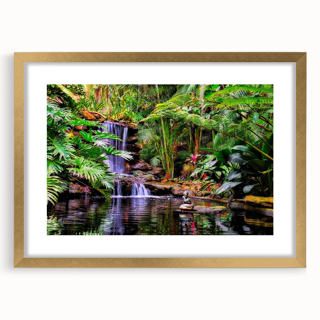 Framed landscape wall art featuring a vibrant rainforest design with rich greens and gold accents, elegantly matted and presented in a sleek gold frame. This piece enhances any decor with its natural beauty and artistic flair, perfect for nature enthusiasts.