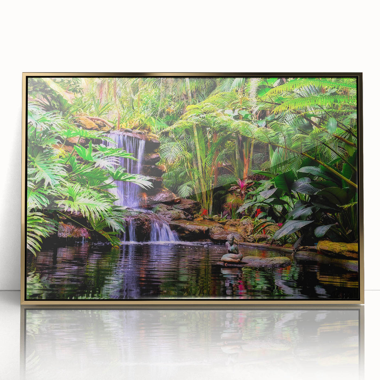 Framed acrylic wall art showcasing a vibrant rainforest landscape design with gold accents, ideal for adding a touch of nature to modern home decor.