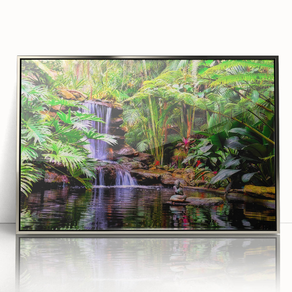 Framed acrylic wall art showcasing a vibrant rainforest landscape design, featuring lush greenery and colorful flora, perfect for enhancing modern home decor.