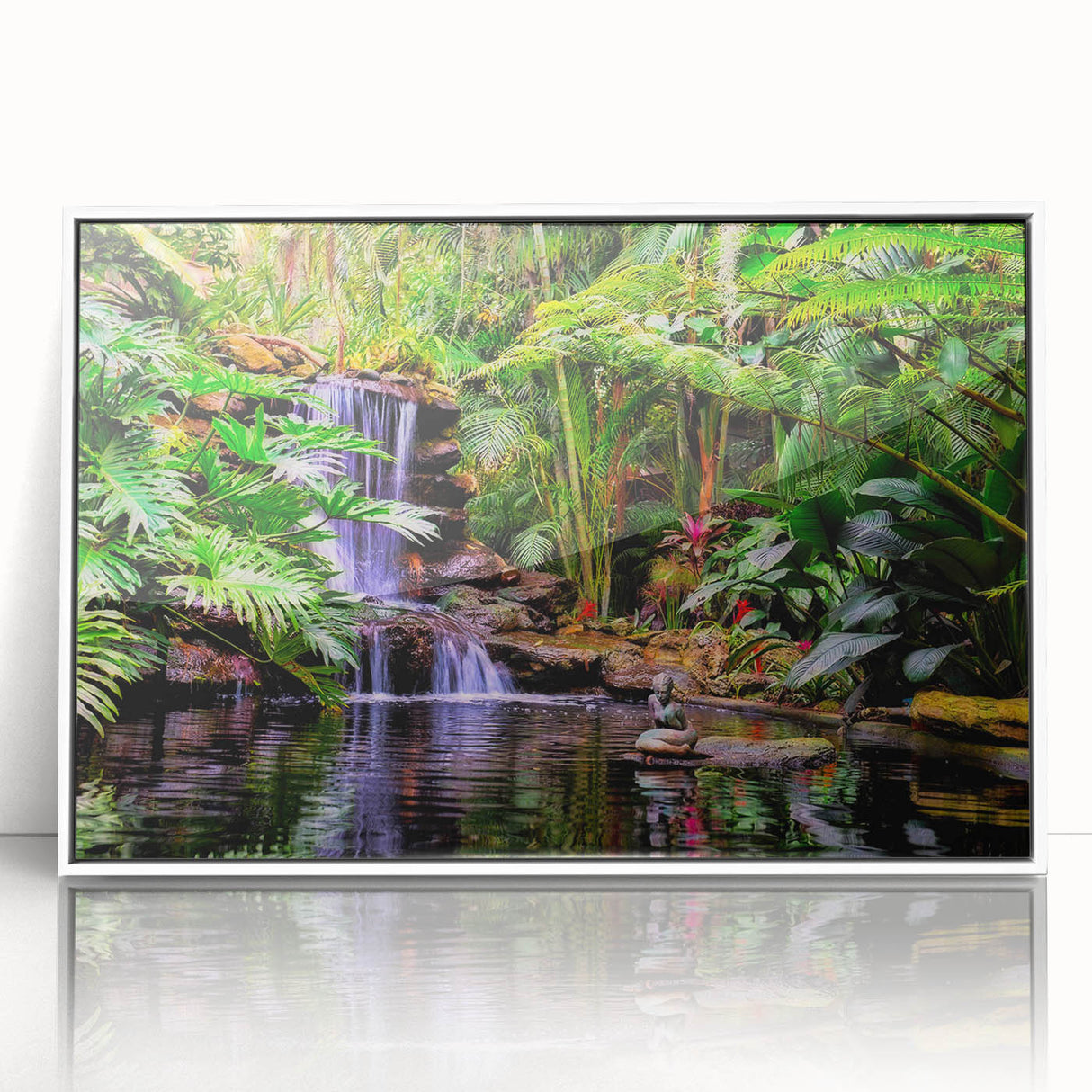 Framed acrylic wall art showcasing a vibrant rainforest landscape, featuring lush greenery and colorful foliage, perfect for enhancing home decor with a natural theme.