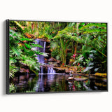 Framed black canvas wall art featuring a vibrant rainforest landscape design, showcasing lush greenery and vivid colors, ideal for enhancing modern decor.