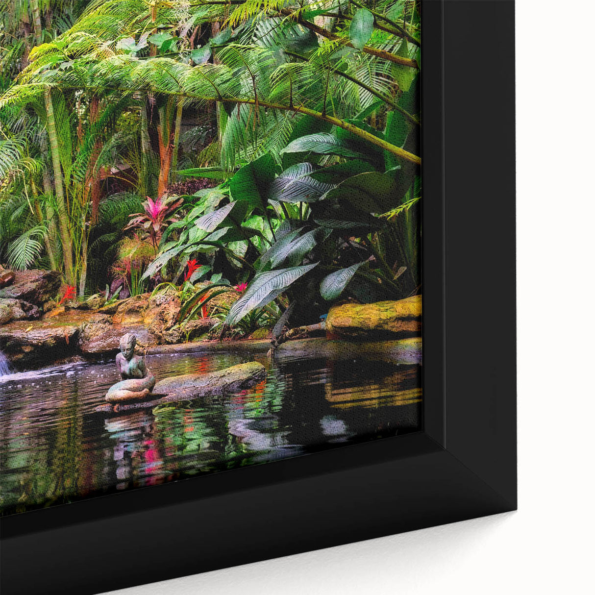 Close-up of a framed canvas wall art piece showcasing a vibrant rainforest landscape design, featuring rich green foliage and intricate details, perfect for nature lovers.
