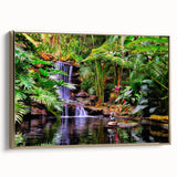 Framed wall art of a vibrant rainforest landscape featuring lush greenery and golden accents, perfect for adding a natural touch to any room decor.
