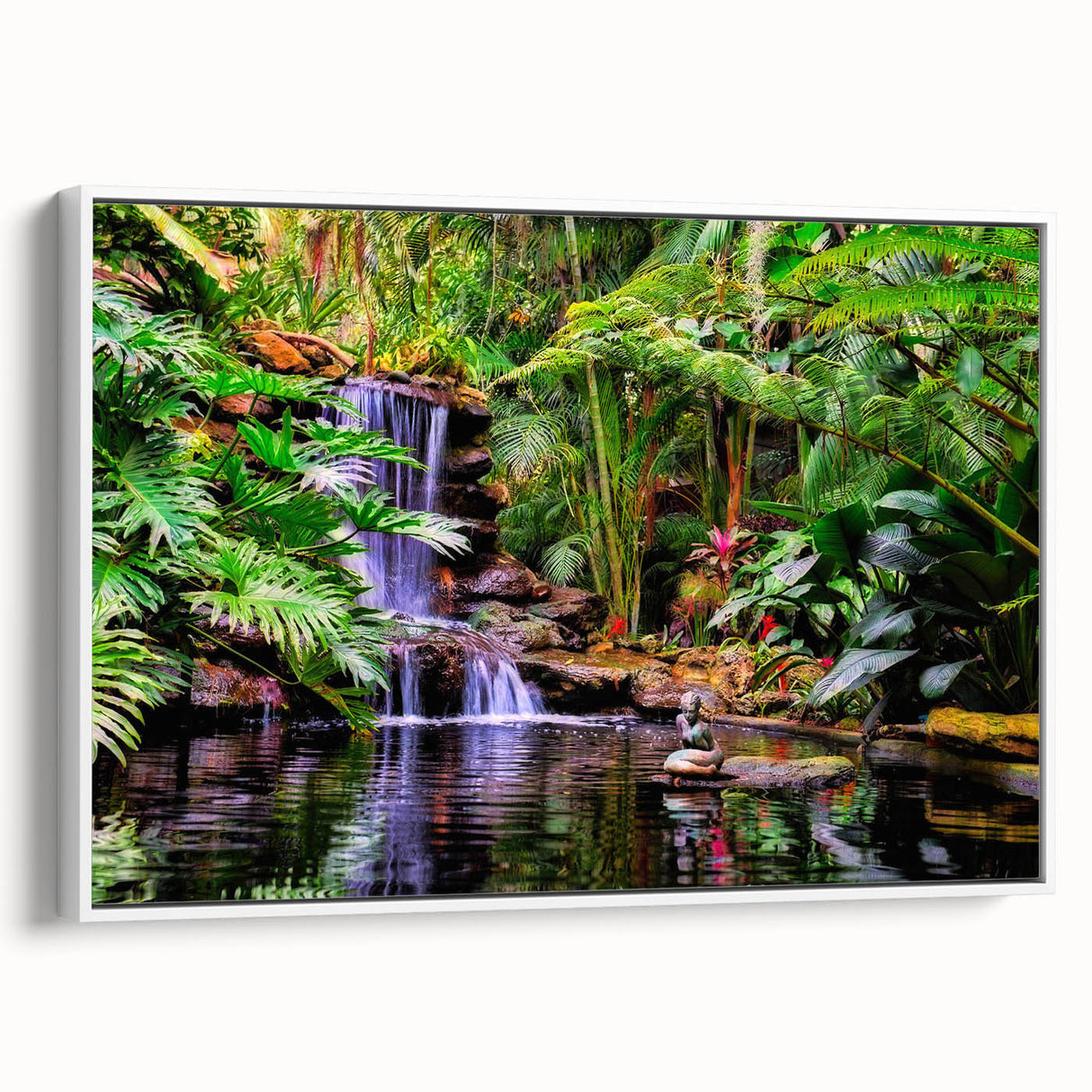 Framed canvas wall art depicting a vibrant rainforest landscape, featuring lush green foliage and colorful tropical plants, showcased from a side view against a white background. Ideal for nature enthusiasts and home decor lovers.