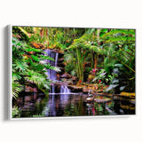 Framed canvas wall art depicting a vibrant rainforest landscape, featuring lush green foliage and colorful tropical plants, showcased from a side view against a white background. Ideal for nature enthusiasts and home decor lovers.