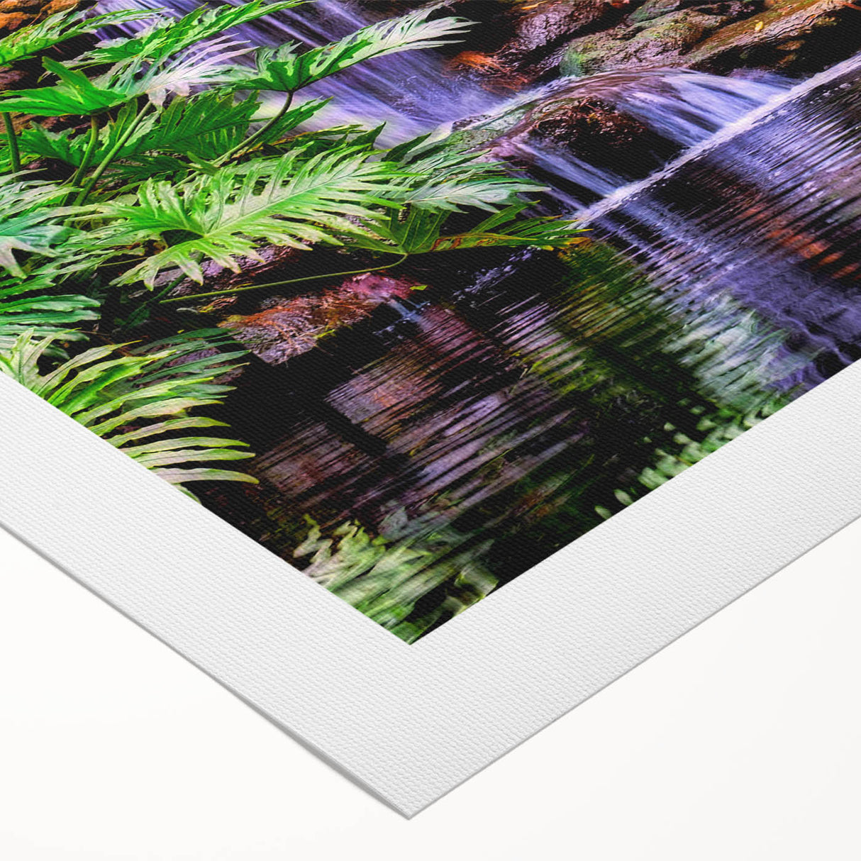 Vibrant rolled canvas artwork showcasing a lush rainforest landscape, featuring rich greens, tropical plants, and a serene atmosphere, perfect for nature-inspired decor.