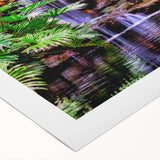 Vibrant rolled canvas artwork showcasing a lush rainforest landscape, featuring rich greens, tropical plants, and a serene atmosphere, perfect for nature-inspired decor.