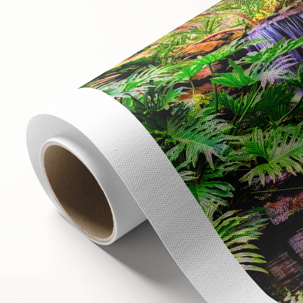 Vibrant rolled canvas showcasing a tropical rainforest landscape with lush greenery and vivid colors, perfect for home decor and nature lovers.
