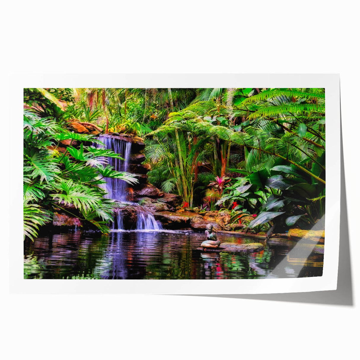 Vibrant rainforest landscape wall art print showcasing lush greenery and tropical flora, rolled for easy transport and framed display in home decor.