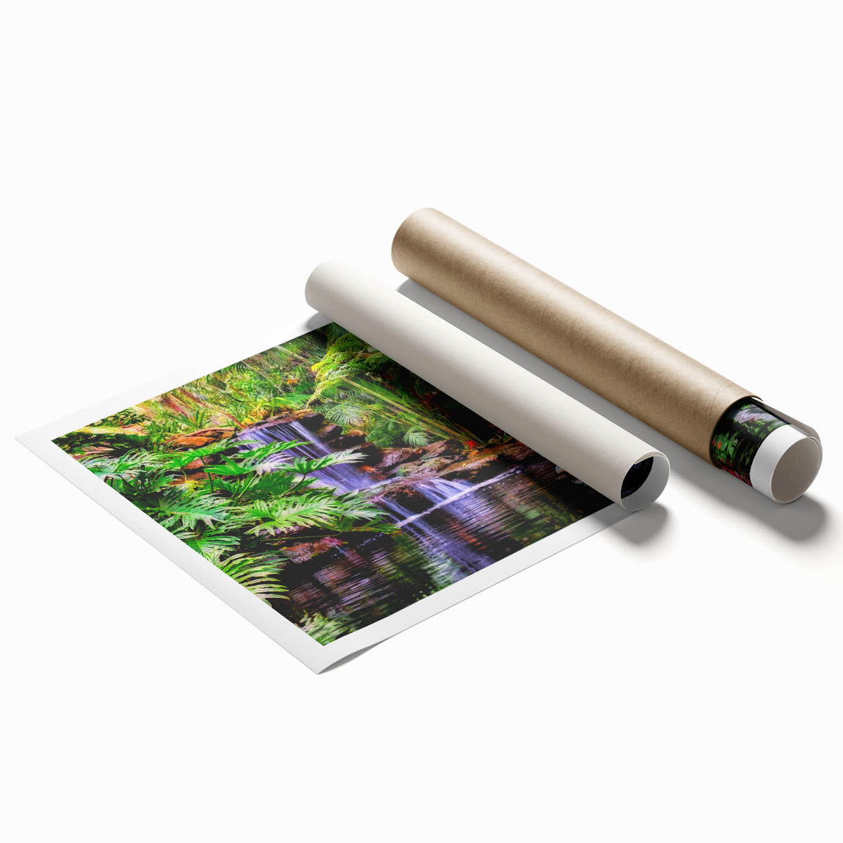 Vibrant rolled print of a lush rainforest landscape featuring dense greenery and tropical elements, ideal for home décor and nature-themed interiors.