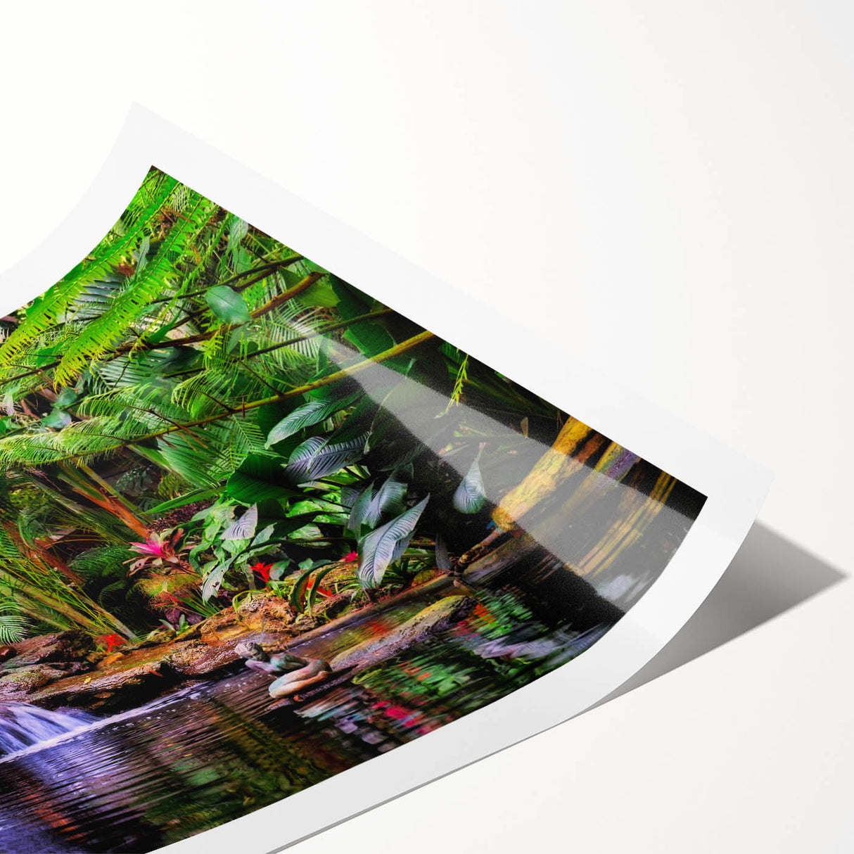 Vibrant rainforest landscape wall art print showcasing lush greenery and wildlife, rolled for shipping in a protective cardboard tube, ideal for home decor.