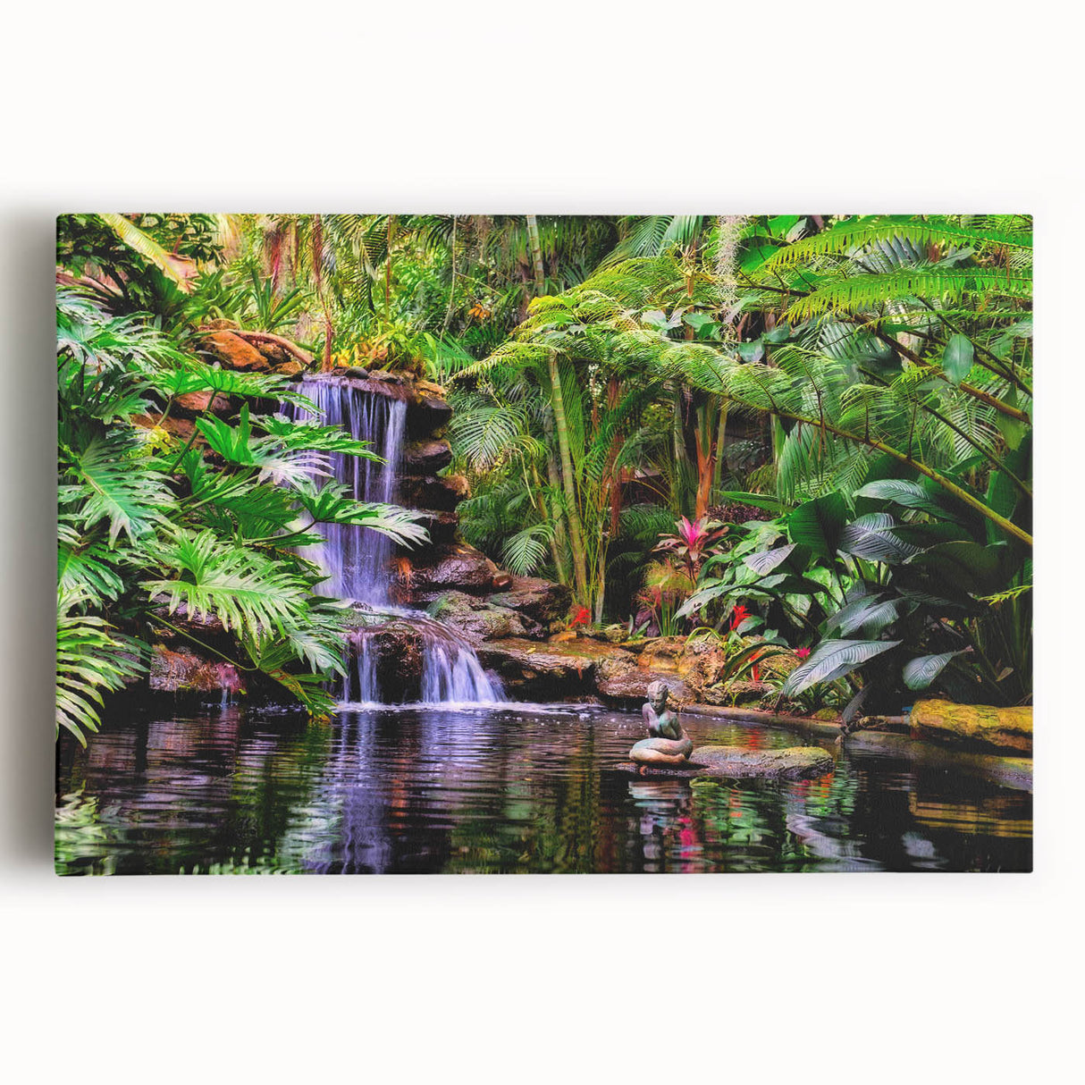 Stretched canvas wall art showcasing a vibrant rainforest landscape with lush greenery and intricate details, perfect for adding a tropical touch to home decor.