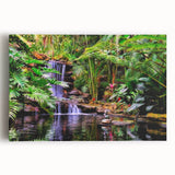 Stretched canvas wall art showcasing a vibrant rainforest landscape with lush greenery and intricate details, perfect for adding a tropical touch to home decor.