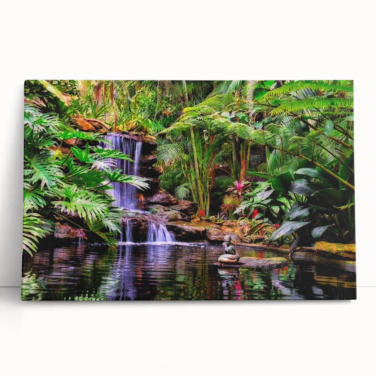 Stretched canvas artwork showcasing a vibrant rainforest landscape design, featuring lush green foliage and colorful wildlife, perfect for enhancing home decor.