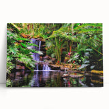 Stretched canvas artwork showcasing a vibrant rainforest landscape design, featuring lush green foliage and colorful wildlife, perfect for enhancing home decor.