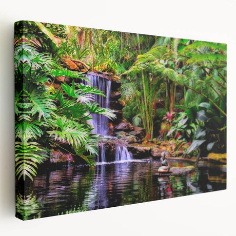 Stretched canvas wall art showcasing a vibrant rainforest landscape design, featuring rich green foliage and intricate details on a sleek frame, perfect for nature lovers.