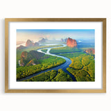 Framed wall art collection featuring lush rainforest landscapes, accented with a gold mat for elegance. Ideal for enhancing home decor with nature-inspired design.