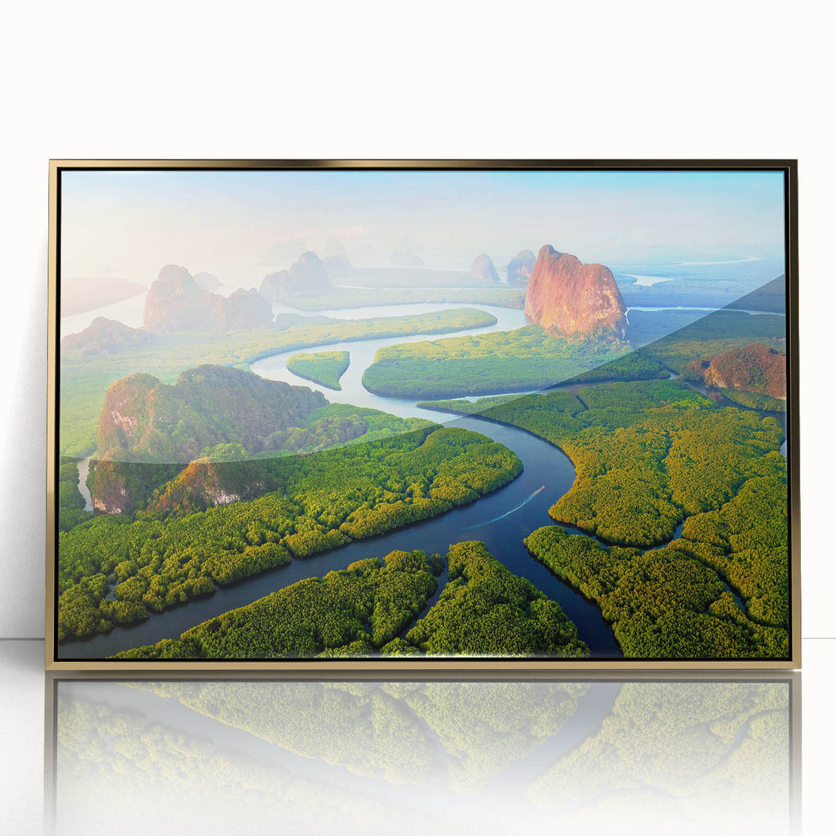 Framed acrylic wall art featuring a vibrant rainforest design, showcasing lush greenery and intricate details, ideal for enhancing living spaces or offices.