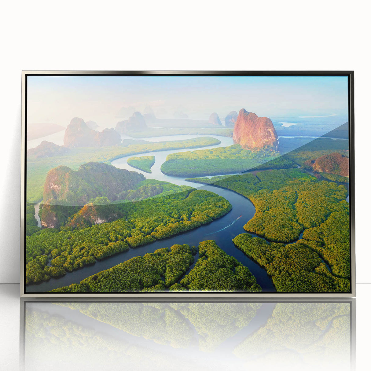 Framed wall art featuring a vibrant rainforest landscape design in acrylic, showcased in a silver frame, ideal for enhancing modern home decor with nature-inspired aesthetics.