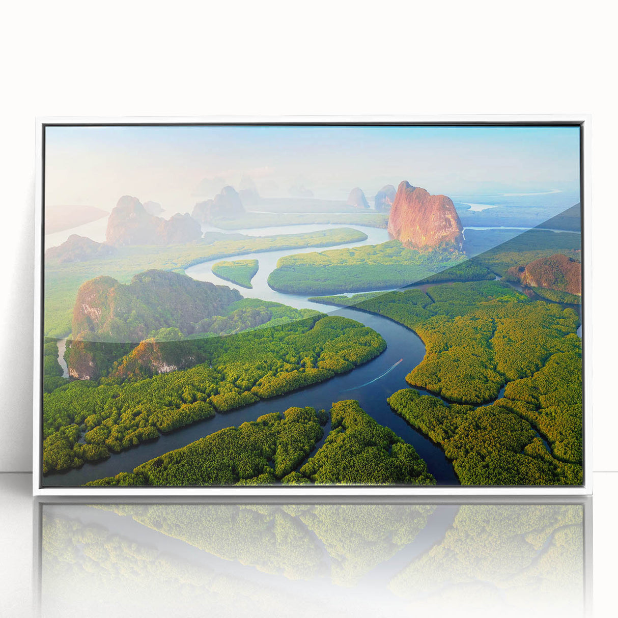 Framed acrylic wall art collection showcasing a vibrant rainforest landscape with lush greenery and tropical colors, perfect for home decor enhancement.