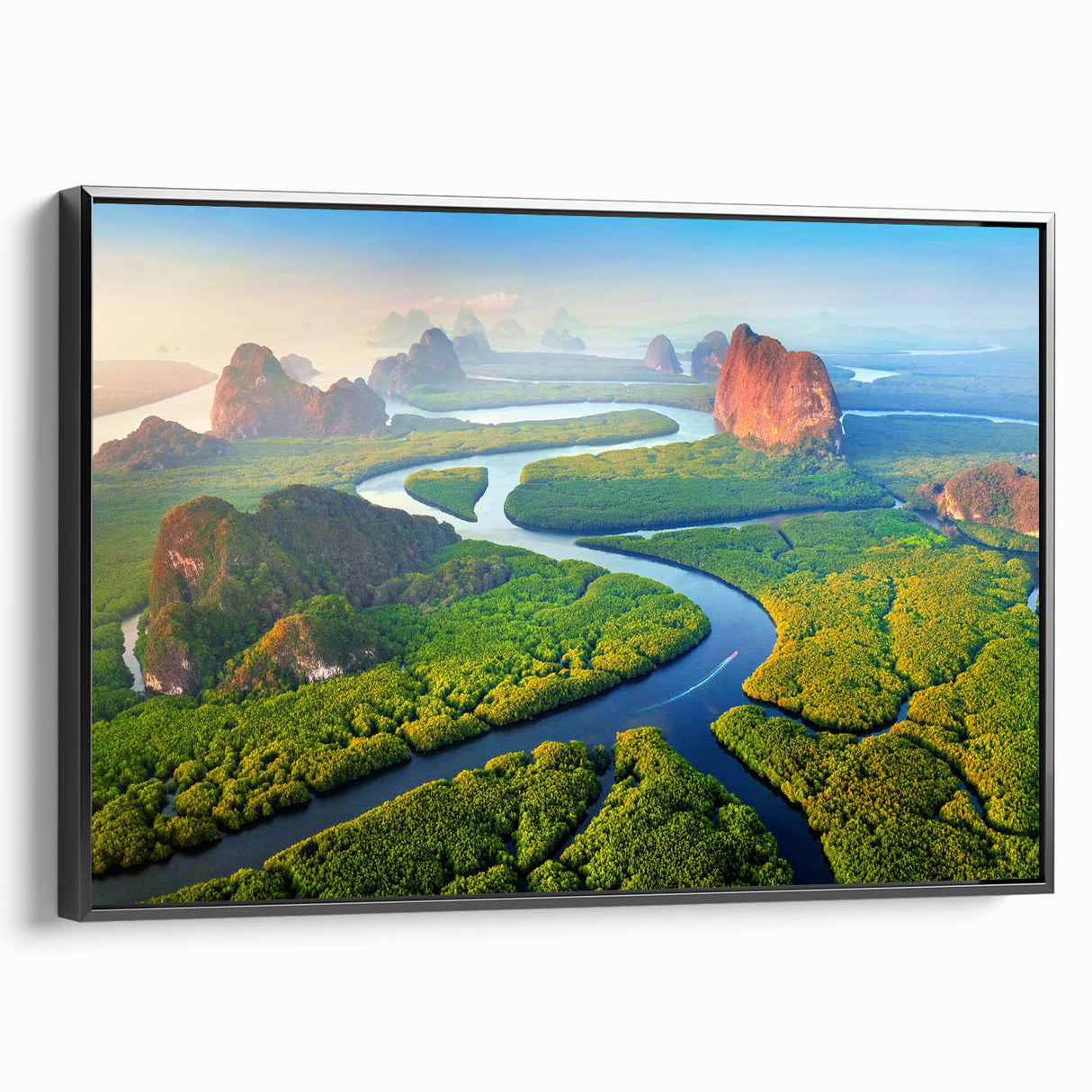 Framed canvas wall art showcasing a vibrant rainforest landscape design, featuring rich greens and browns, presented in a sleek black frame with a side view. Ideal for nature enthusiasts and home decor lovers.