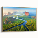 Framed canvas wall art showcasing a vibrant rainforest landscape with lush greenery and gold accents, perfect for enhancing home decor and bringing nature indoors.
