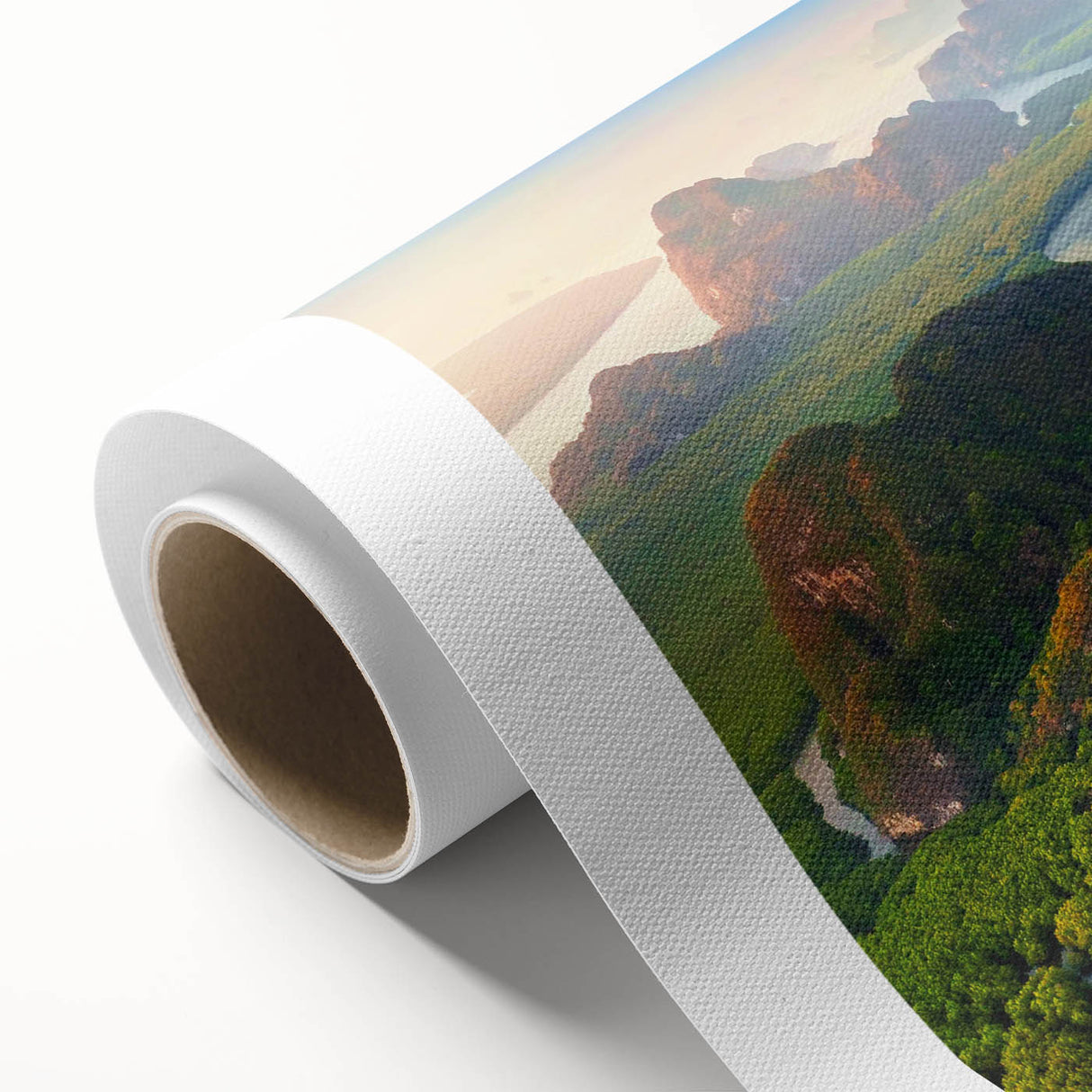 Vibrant rolled canvas artwork showcasing a lush rainforest landscape, rich greens and blues create a serene nature scene, perfect for home decor or office aesthetics.