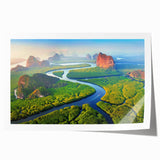 Vibrant rainforest landscape wall art print showcasing lush greenery and exotic flora, rolled for easy transport and display in any home décor setting.