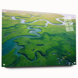 Acrylic glass artwork showcasing a vibrant rainforest landscape design, elegantly displayed from a side view with mounting pins, perfect for enhancing wall decor.