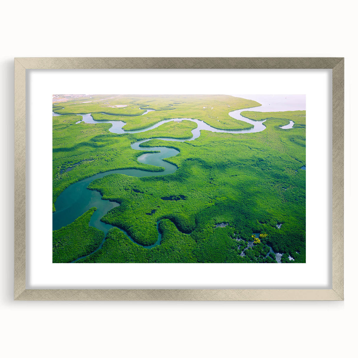 Framed rainforest landscape wall art collection in silver with a mat, showcasing vibrant greens and natural textures, ideal for home decor enhancement.