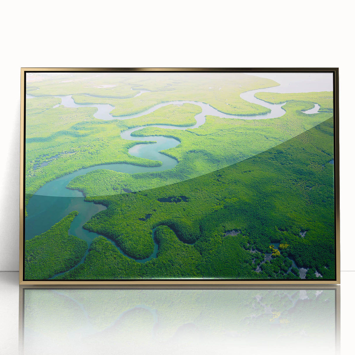 Framed acrylic wall art showcasing a vibrant rainforest landscape with rich greens and gold accents, perfect for enhancing any living space or office decor.