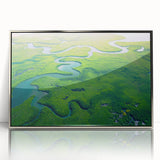 Framed acrylic wall art showcasing a vibrant rainforest landscape design, featuring lush greenery and a serene atmosphere, perfect for enhancing home decor.