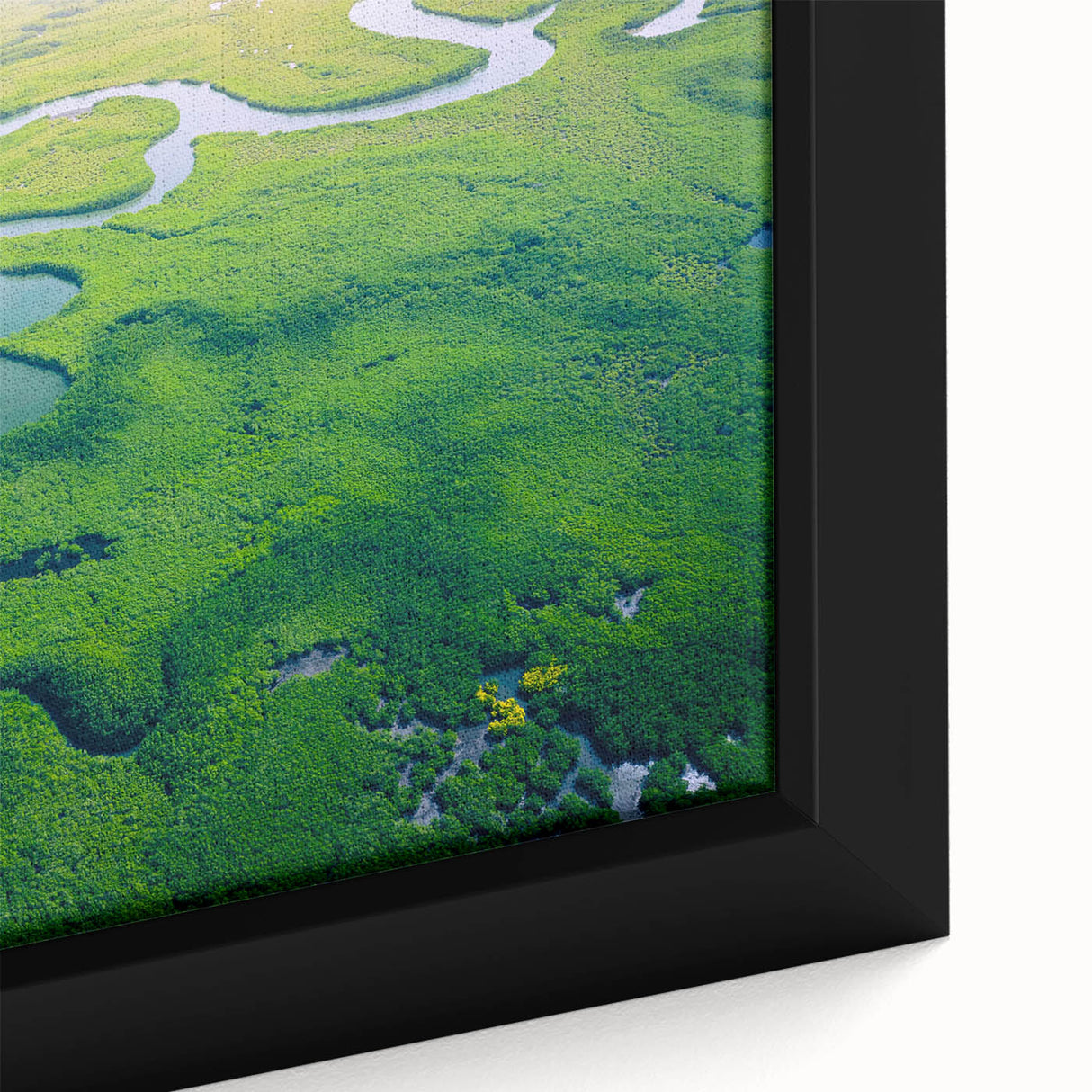 Close-up of a vibrant rainforest-themed framed canvas wall art featuring lush green foliage and colorful tropical flowers, ideal for nature-inspired decor.