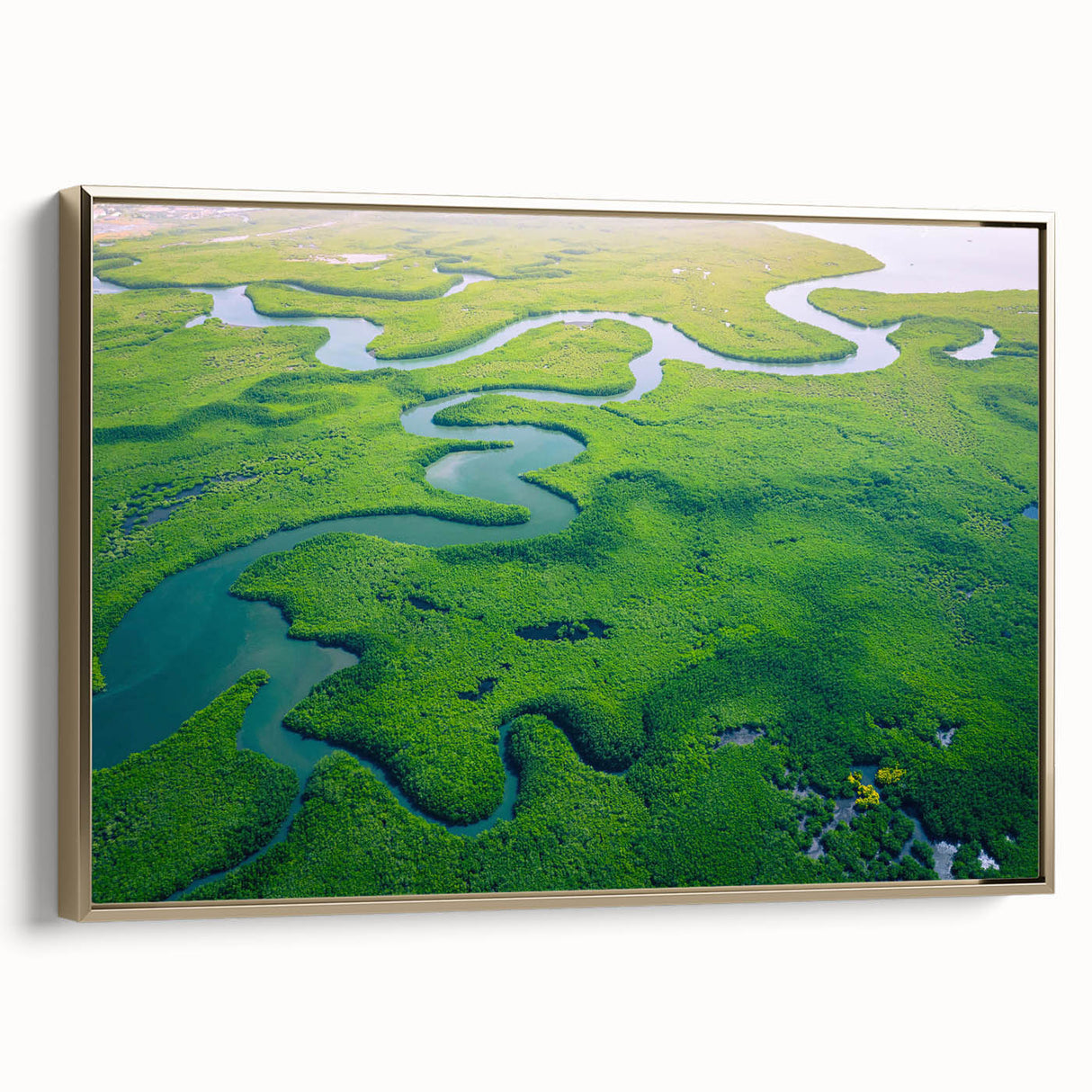 Framed canvas wall art showcasing a vibrant rainforest landscape design with lush green foliage and golden accents, perfect for adding a touch of nature to any space.