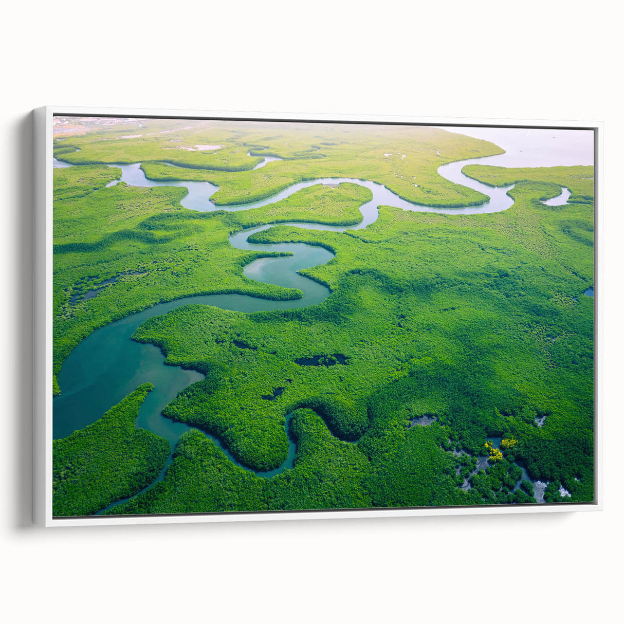 Framed canvas artwork depicting a vibrant rainforest landscape, showcasing lush greenery and a serene atmosphere, ideal for enhancing home decor.