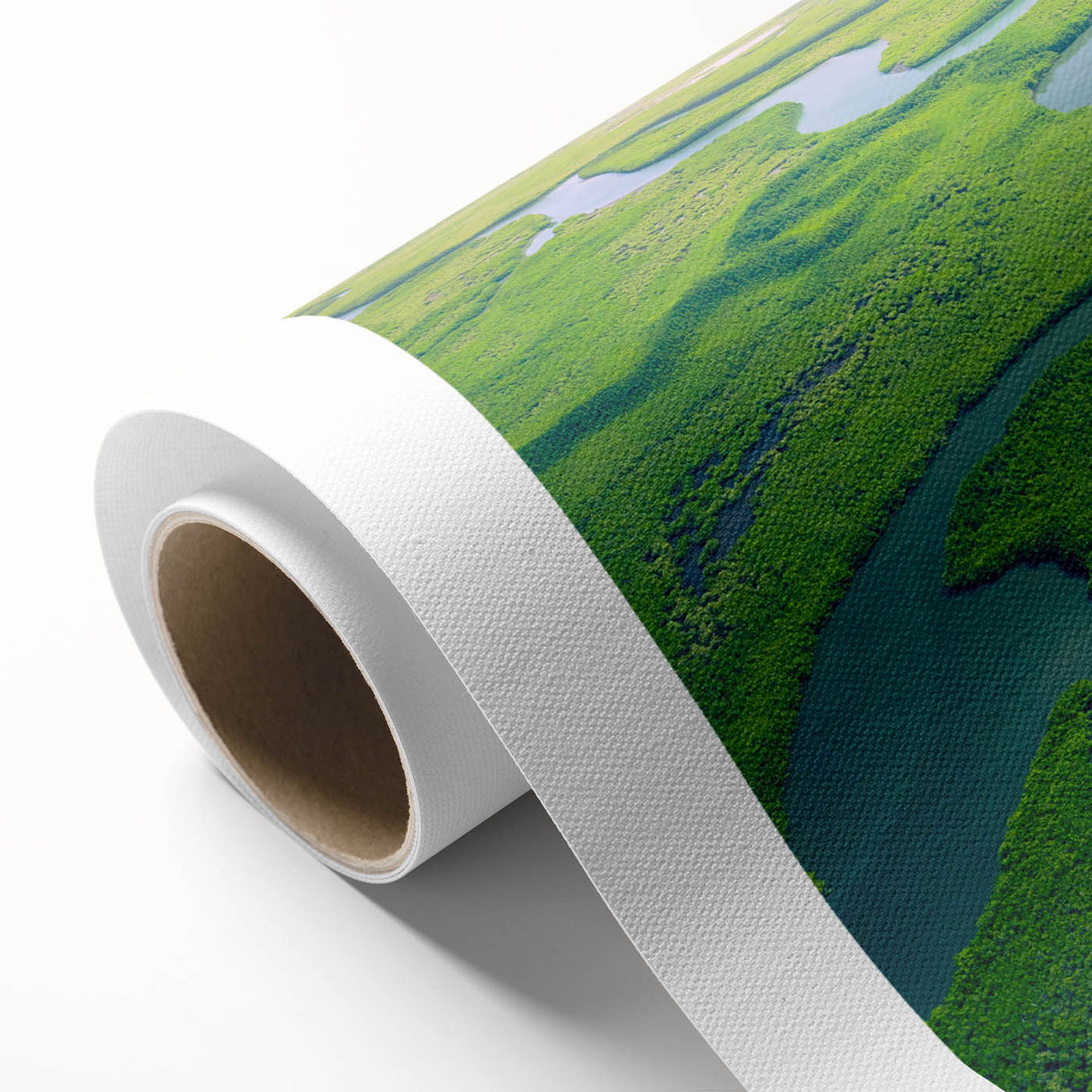 Vibrant rolled canvas showcasing a lush rainforest landscape design with rich greens and detailed foliage, ideal for nature-inspired decor and wall art collections.