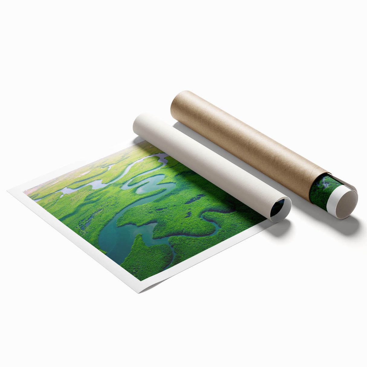 Vibrant rainforest landscape wall art print showcasing lush greenery and tropical foliage, rolled for easy shipping and display, perfect for home decor.