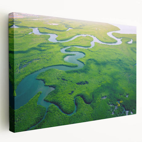 Stretched canvas showcasing a vibrant rainforest landscape design, featuring lush greenery and rich colors, ideal for enhancing home decor and creating a serene atmosphere.