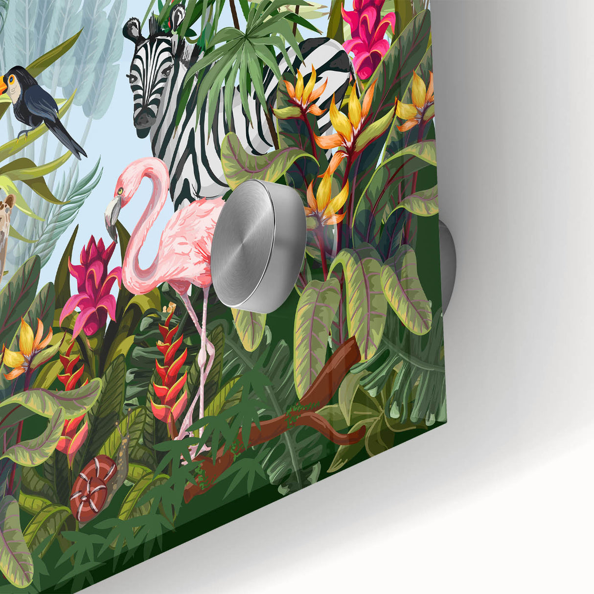 Close-up of a vibrant rainforest landscape wall art piece, featuring lush green foliage and intricate details, designed for acrylic glass display in modern decor.