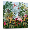Acrylic glass wall art displaying a vibrant rainforest landscape with lush greenery and intricate details, securely mounted with pins for a modern touch. Ideal for nature-themed decor.