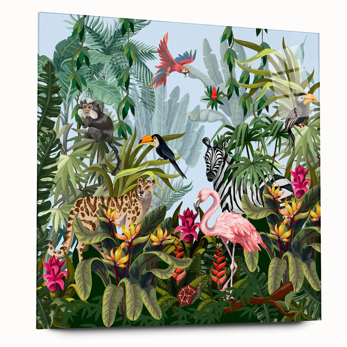 Acrylic glass wall art showcasing a vibrant rainforest landscape design, framed elegantly from a side view, highlighting its glossy finish and vivid colors. Perfect for nature enthusiasts and home decor lovers seeking a striking focal piece.