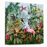 Acrylic glass wall art showcasing a vibrant rainforest landscape design, framed elegantly from a side view, highlighting its glossy finish and vivid colors. Perfect for nature enthusiasts and home decor lovers seeking a striking focal piece.