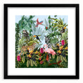 Framed wall art showcasing a vibrant rainforest landscape design with lush greenery and vivid colors, featuring a black matte frame for an elegant finish.