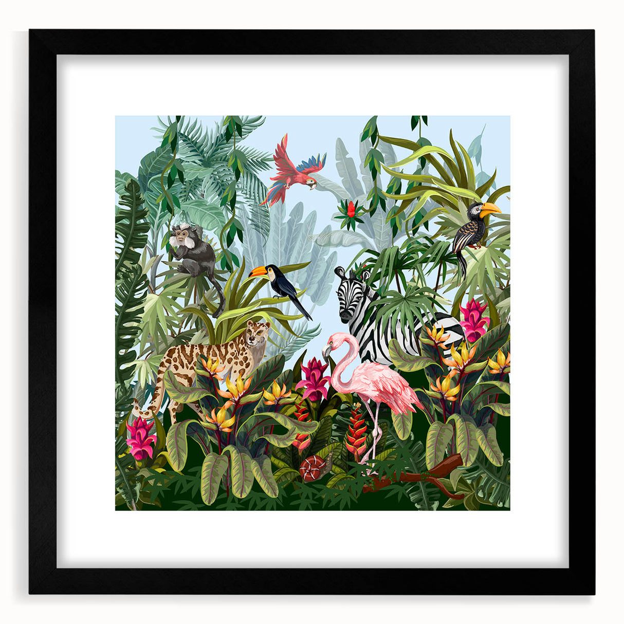Framed wall art showcasing a vibrant rainforest landscape design with lush greenery and vivid colors, featuring a black matte frame for an elegant finish.